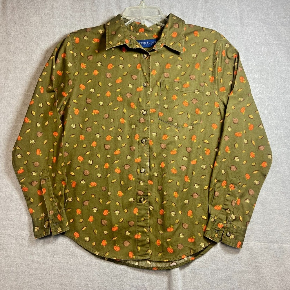 Karen Scott Womens‎ Petite Medium Fall Leaves Cotton Button Shirt Pumpkin Green